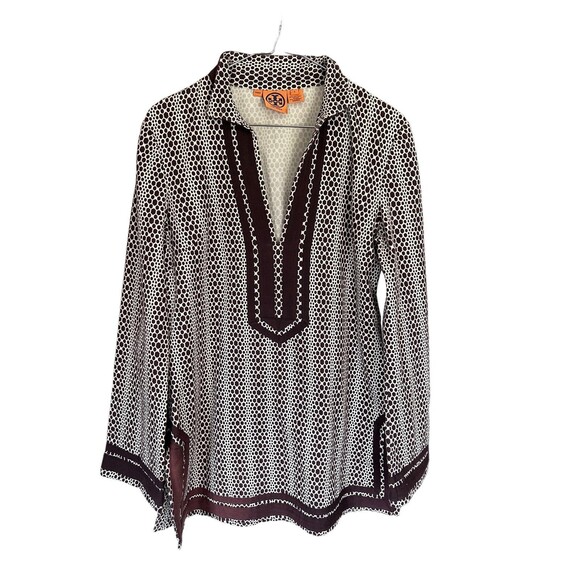 Tory Burch Brown White Honeycomb V Neck Size 6 - Picture 1 of 6